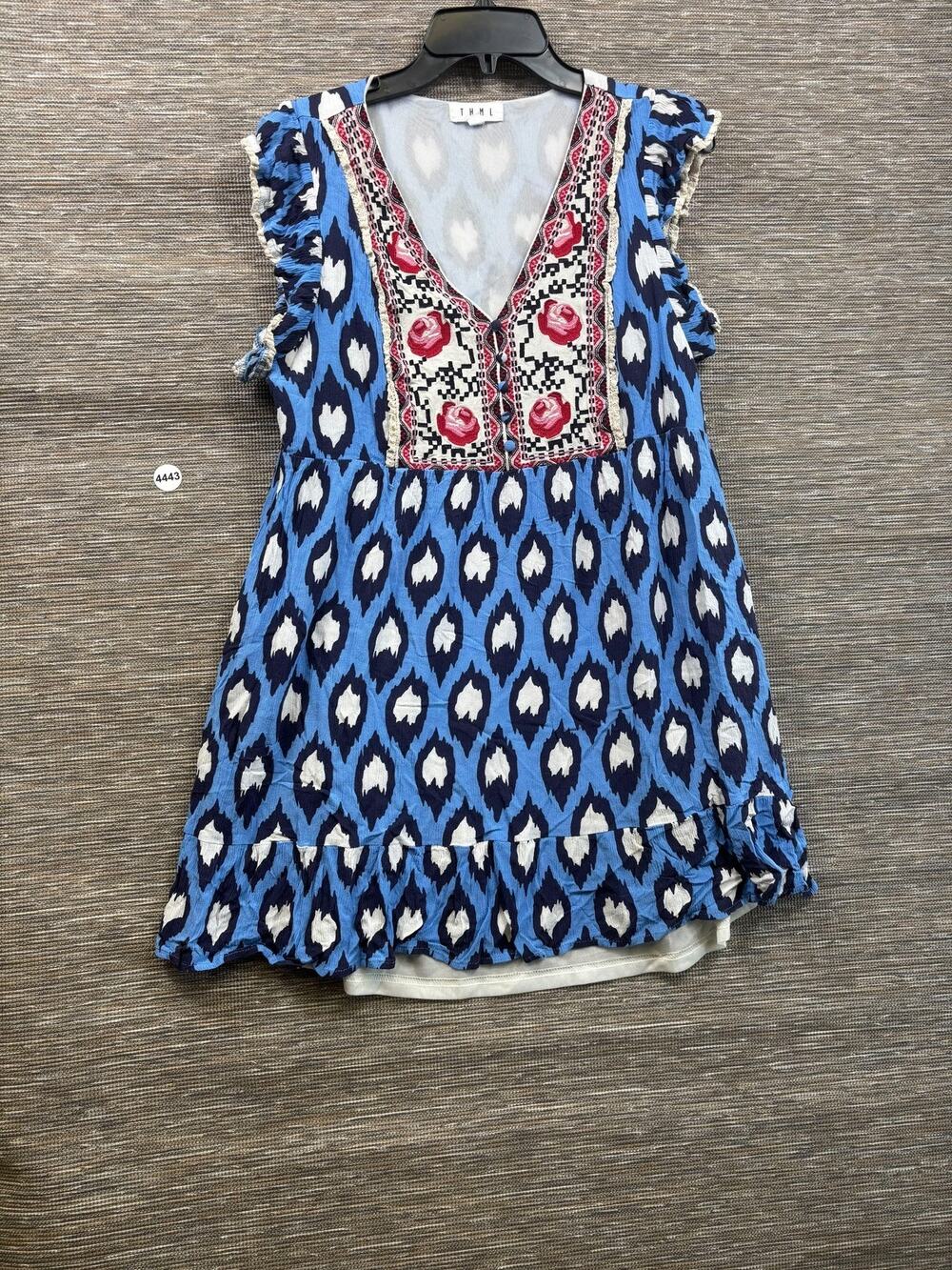 THML Blouse Womens M Blue Geometric Embroidered Ruffle Hem Cap Sleeve Tunic Top